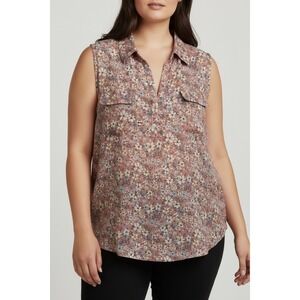 Architect Womens 2X Floral Sleeveless Blouse Coral Pink V-Neck Mixed Media Top